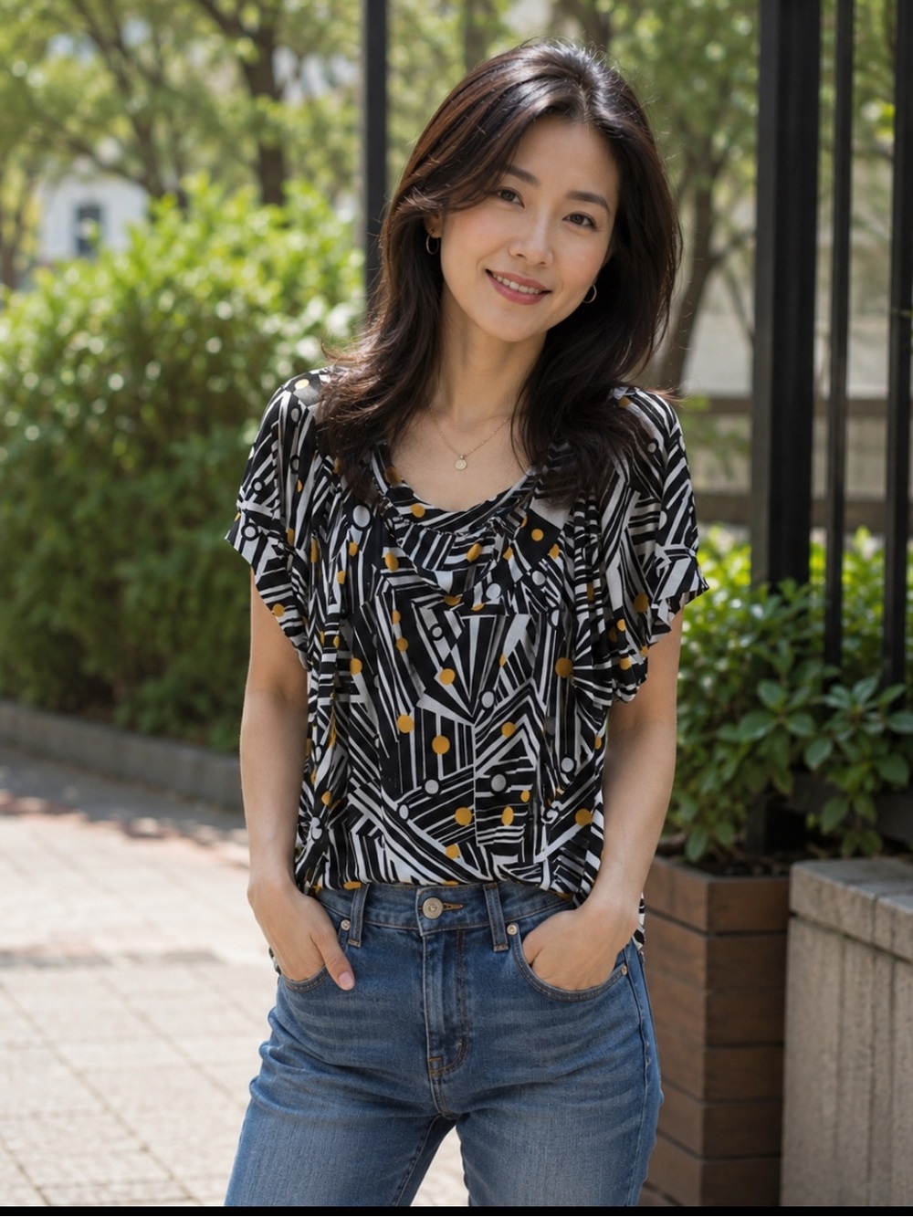 Black & White Geometric Flutter-Sleeve Blouse with Mustard Dot Accents